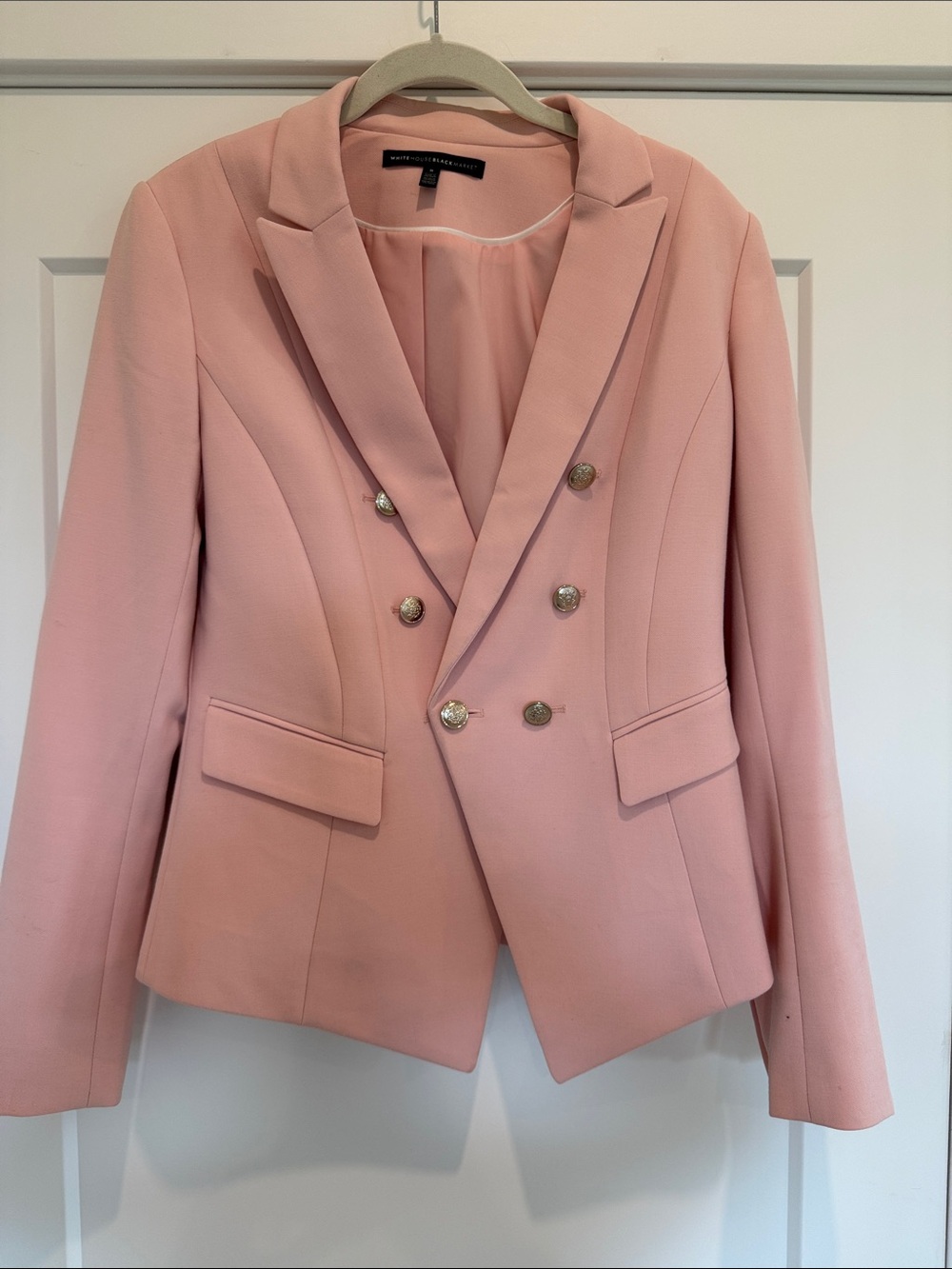 White House Black Market Double-Breasted Blazer in Blush Pink with Gold Buttons